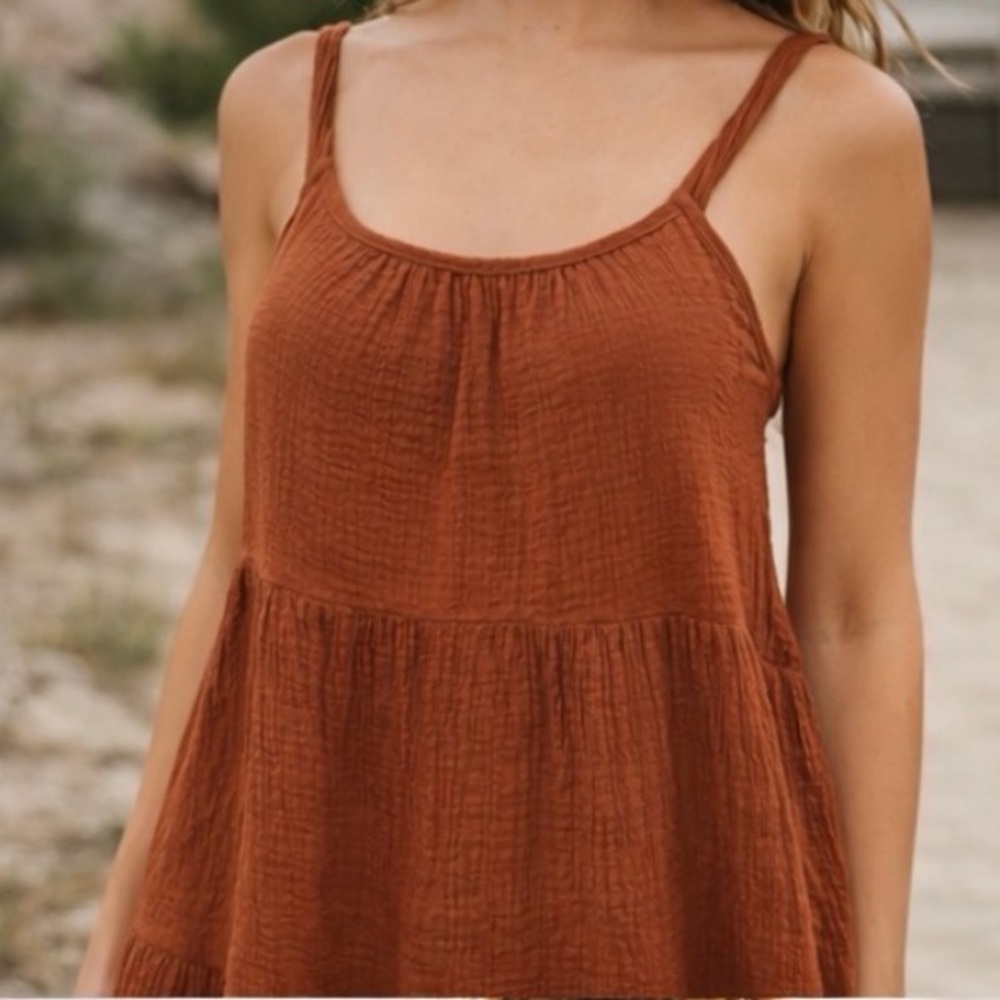 AEMI + CO Rust Cotton Gauze Tie Back Mini Dress Small Boho - Picture 5 of 9